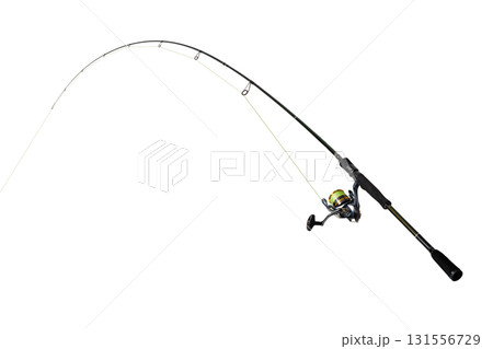 Fishing rod bending under the pressure of a fish pulling on the line Fishing rod bending under the pressure of a fish pulling on the line 131556729