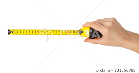 Hand holding measuring tape on transparent background 131556769