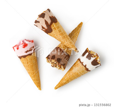 Delicious ice cream cones with assorted flavors on white background 131556802