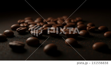 Rich, aromatic coffee beans scattered on a dark surface, perfect for morning brews and cafe branding. 131556838