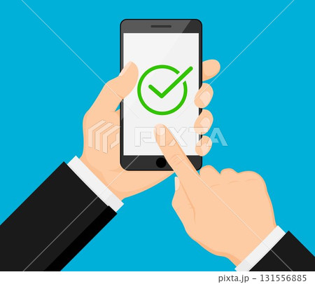 Hand holding smart phone. Check mark on smartphone screen.Approve, Done or Success icon. Finger on mobile device screen. Creative modern flat design. Hand holding smart phone. Check mark on smartphone screen.Approve, Done or Success icon. Finger on mobile device screen. Creative modern flat design. 131556885