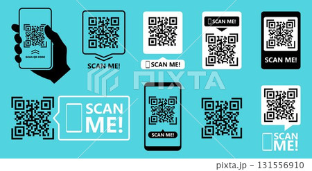 QR code scan for smartphone. Qr code frame vector set. Template scan me Qr code for smartphone. QR code for mobile app, payment and phone. Scan me phone tag. Vector illustration. QR code scan for smartphone. Qr code frame vector set. Template scan me Qr code for smartphone. QR code for mobile app, payment and phone. Scan me phone tag. Vector illustration. 131556910