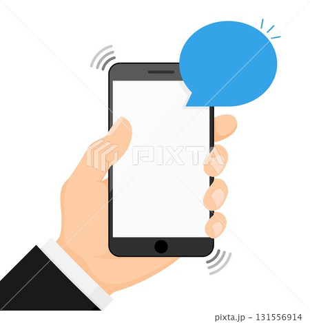 Hand holding smartphone with speech bubble. concept of online communication, voicemail and chat application. isolated on white background. flat style trendy modern logo design. vector illustration Hand holding smartphone with speech bubble. concept of online communication, voicemail and chat application. isolated on white background. flat style trendy modern logo design. vector illustration 131556914