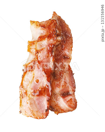 Two slices of crispy bacon falling on transparent background 131556946