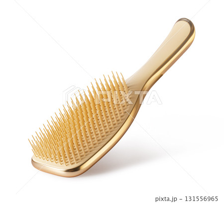 Golden hairbrush floating on transparent background: beauty and haircare concept Golden hairbrush floating on transparent background: beauty and haircare concept 131556965