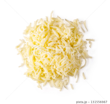 Grated mozzarella cheese forming a pile on white background 131556987