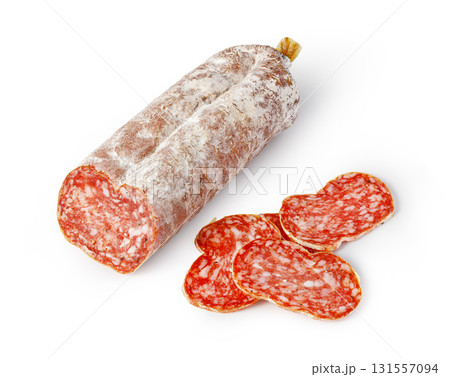 Salami sausage sliced charcuterie food on white background Salami sausage sliced charcuterie food on white background 131557094