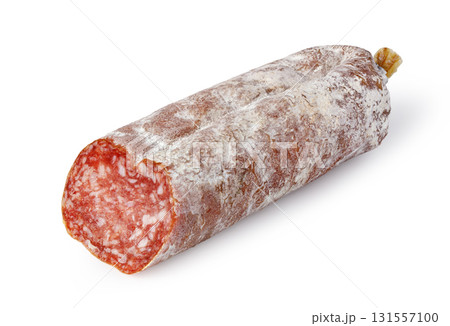 Salami log cut displaying dry-cured pork meat 131557100