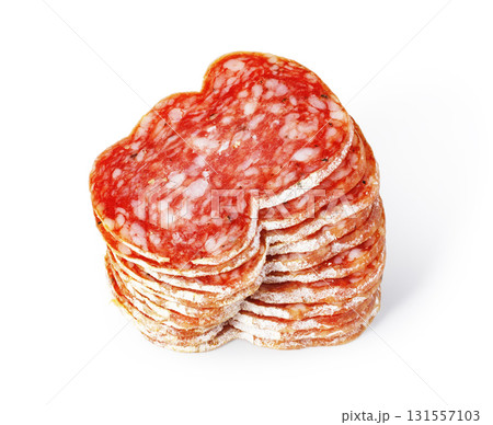 Salami slices stacking, representing delicious charcuterie and appetizer 131557103
