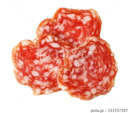 Salami slices displaying savory cured pork texture Salami slices displaying savory cured pork texture 131557107