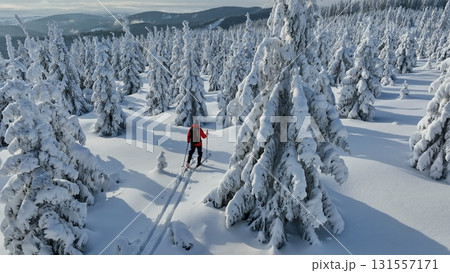 Backcountry Skier Walking in the scenic mountains , Fresh Snow Powder 131557171