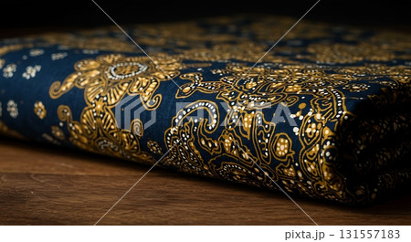 Luxurious deep blue fabric unfolds with intricate golden paisley patterns, perfect for elegant home decor and fashion projects. Luxurious deep blue fabric unfolds with intricate golden paisley patterns, perfect for elegant home decor and fashion projects. 131557183