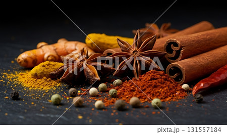 Vibrant assortment of aromatic spices including star anise, cinnamon sticks, turmeric, and chili peppers scattered on a dark background Vibrant assortment of aromatic spices including star anise, cinnamon sticks, turmeric, and chili peppers scattered on a dark background 131557184
