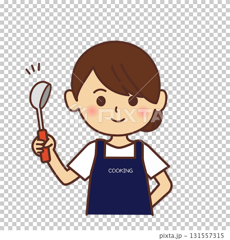 Illustration of a person wearing an apron: child, boy, girl, mother, ladle, cooking, upper body, simple, shop assistant, 131557315