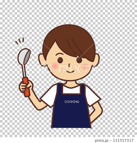 Illustration of a person wearing an apron: child, boy, girl, mother, ladle, cooking, upper body, simple, shop assistant, 131557317