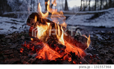 Crackling Campfire in the Winter Forest , Authentic Place 131557368