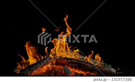 Detail Shot of Campfire , Glowing Logs , Isolated on Black Background 131557380