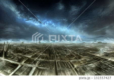 ゲーム背景　滅びた都市の跡地と地平線と美しい星空 131557427