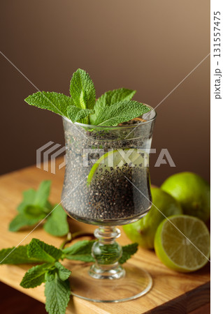 Diet vegan cocktail with chia seeds, lime, and mint. Diet vegan cocktail with chia seeds, lime, and mint. 131557475