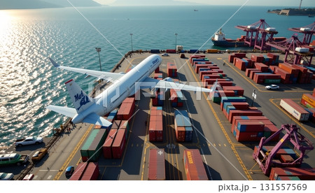 An airplane taking off from a coastal airport runway with a backdrop of calm water, boats, and shipping containers An airplane taking off from a coastal airport runway with a backdrop of calm water, boats, and shipping containers 131557569