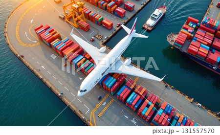 An airport tarmac scene where a large white airplane is positioned in front of a docking area filled with multiple shipping contai An airport tarmac scene where a large white airplane is positioned in front of a docking area filled with multiple shipping contai 131557570
