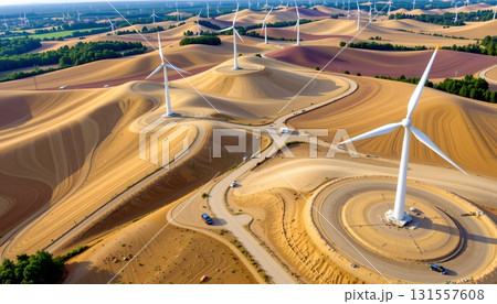 An expansive view of a wind farm located in a sandy landscape with multiple large wind turbines 131557608