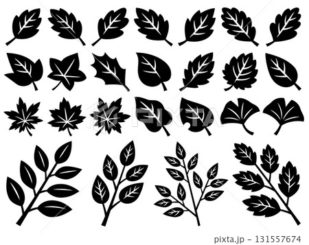 葉っぱと枝の切り絵風シルエットイラストセット 葉っぱと枝の切り絵風シルエットイラストセット 131557674