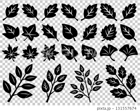 葉っぱと枝の切り絵風シルエットイラストセット 葉っぱと枝の切り絵風シルエットイラストセット 131557674