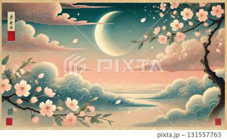浮世絵風の三日月と桜が織りなす春の夜空と雲海が幻想的に広がる和風イラストレーション 131557763