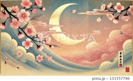 浮世絵風の三日月と満開の桜が描く幻想的な春の夜空と波の調和イラストレーション 131557796