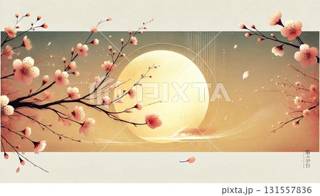 黄金の満月と淡く咲く桜が描く静寂の春夜―やわらかな光に包まれた幻想的な和の風景 131557836