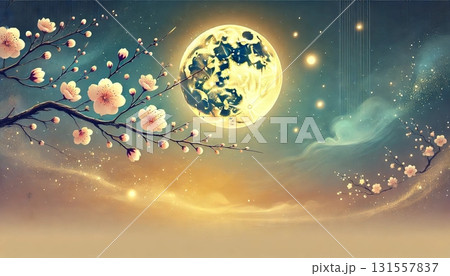 満開の桜と黄金の月が輝く幻想的な春の夜―星降る空に広がる静寂と美のハーモニー 131557837
