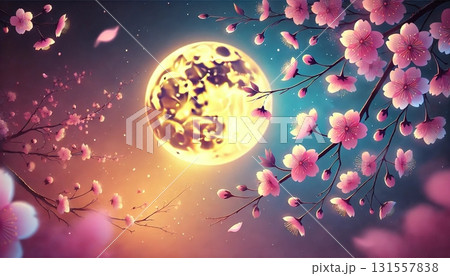 淡い春色の夜空に満開の桜と黄金の月が輝く幻想的な風景―優しい光に包まれた夢の情景 131557838