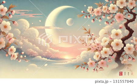 淡い朝焼けと三日月に咲く桜が織りなす幻想的な春の和風風景―静寂に包まれた夢のような情景 131557840