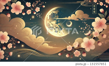 桜舞う春の夜に浮かぶ金色の月と雲海―優美な浮世絵風の幻想的な光景が描く静寂の瞬間 桜舞う春の夜に浮かぶ金色の月と雲海―優美な浮世絵風の幻想的な光景が描く静寂の瞬間 131557851