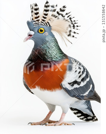 Unique Pigeon with Colorful Feathers and Crowned Plumage in Studio Setting Unique Pigeon with Colorful Feathers and Crowned Plumage in Studio Setting 131558642