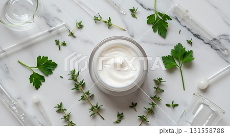 Natural skincare cream with fresh herbs and lab equipment for beauty product development and scientific research into organic cosmetics ingredients 131558788