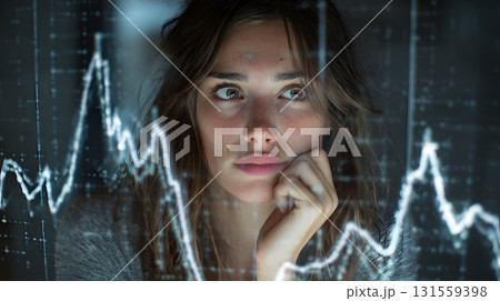 woman looking anxious at declining chart hologram 131559398