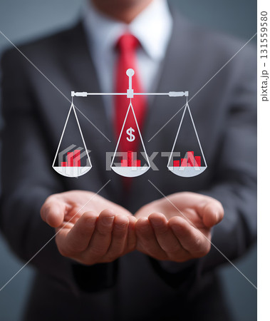 Investor holding scales balancing profit and loss icons Investor holding scales balancing profit and loss icons 131559580