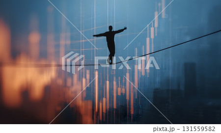 Tightrope walker silhouette with financial graphs background 131559582