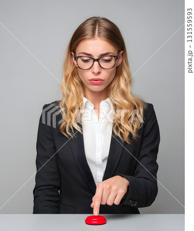 Businesswoman hesitating before pressing risky investment button Businesswoman hesitating before pressing risky investment button 131559593