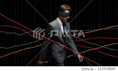 Businessman with blindfold walking across stock chart lines Businessman with blindfold walking across stock chart lines 131559609