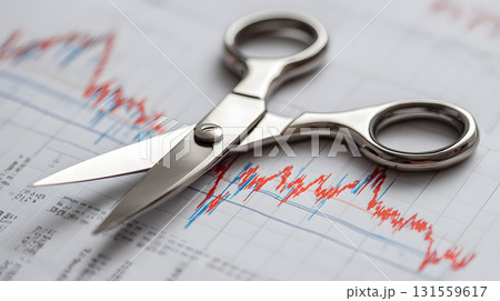 Scissors cutting through profit line graph 131559617