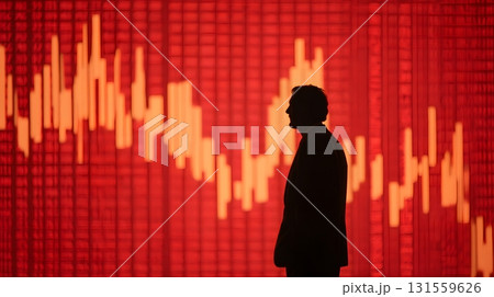 Investor silhouette against risky stock data backdrop Investor silhouette against risky stock data backdrop 131559626