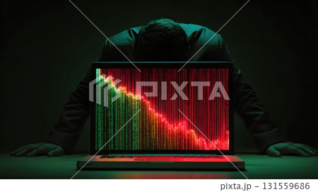 Investors leaning over unstable laptop screen glowing red green 131559686