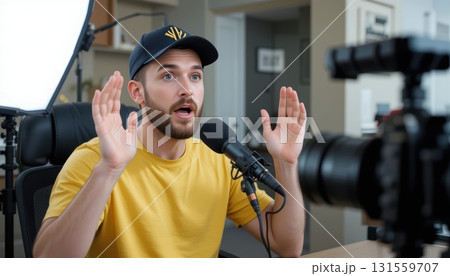 Engaging Young Man in Yellow Shirt Speaking into Microphone with Camera and Lighting Setup in Modern Room 131559707