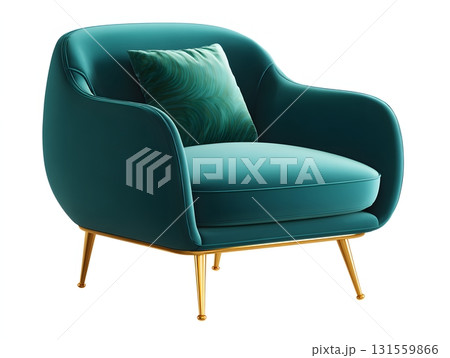 Isometric 3D armchair with golden legs and velvet cushion isolated on white 131559866