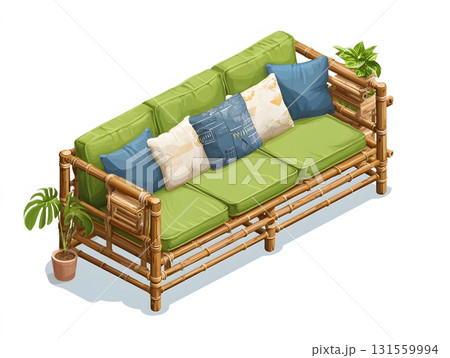 Isometric 3D eco friendly bamboo framed sofa isolated on white 131559994