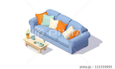 Isometric 3D oversized family sofa cozy cushions isolated on plain white 131559995