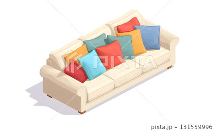 Isometric 3D oversized family sofa cozy cushions isolated on plain white 131559996
